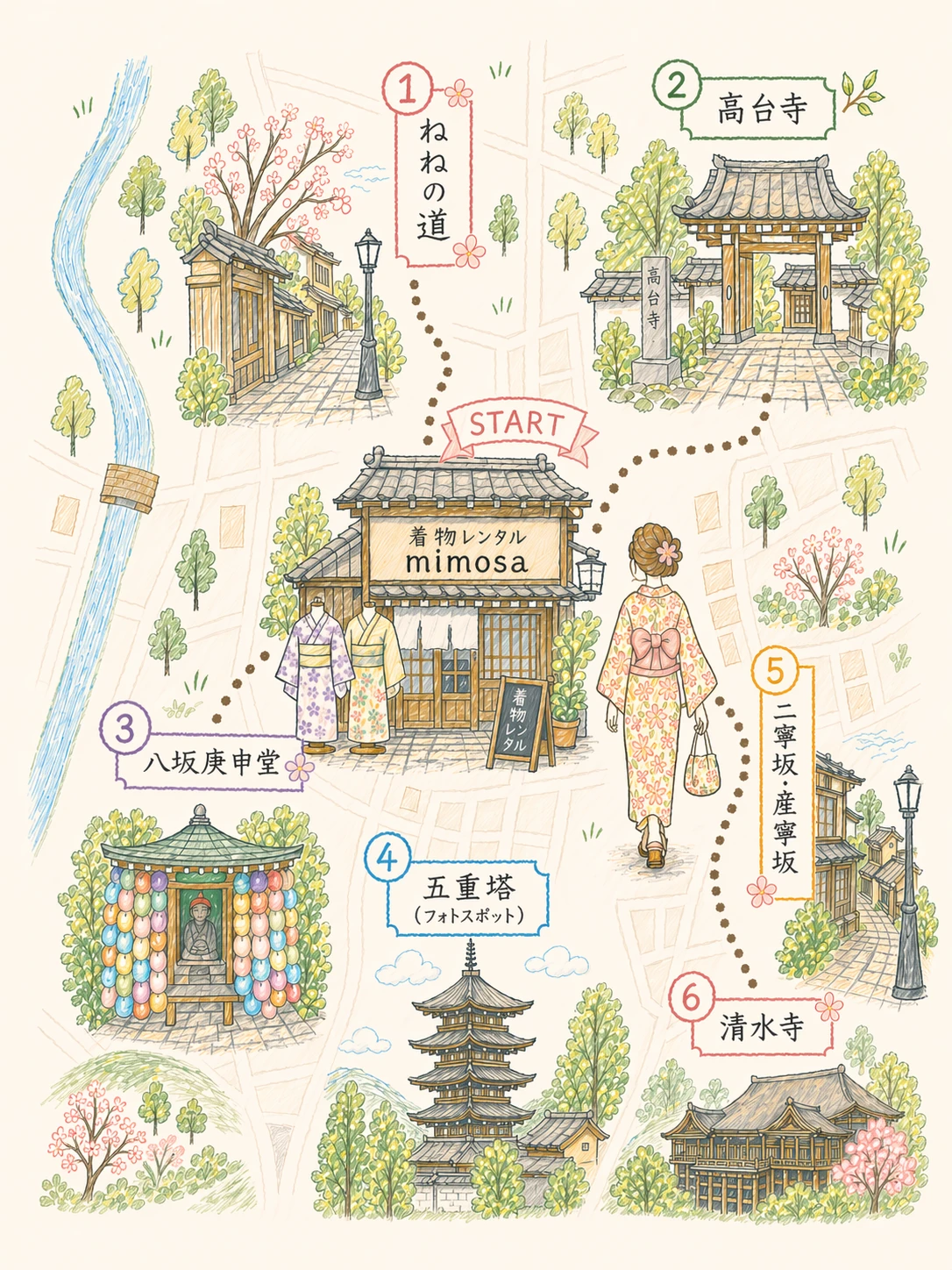 mimosa周辺の高台寺・ねねの道・八坂の塔などを案内する観光マップ