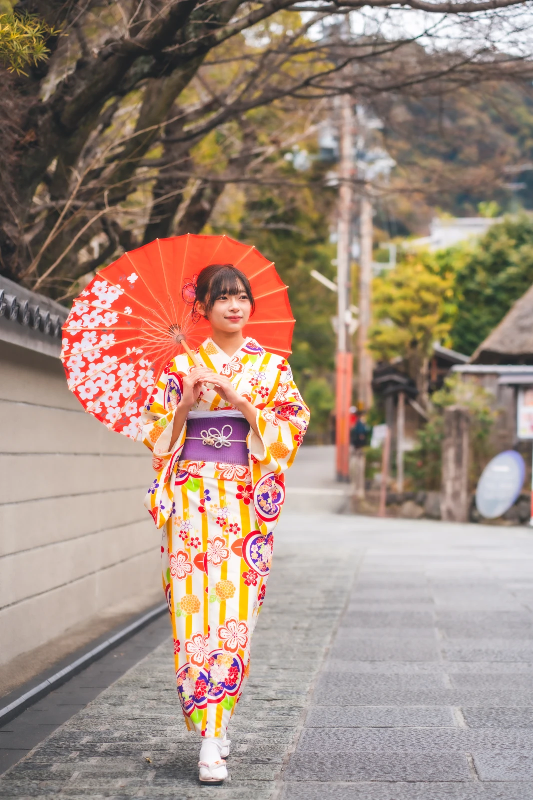 和傘を持つ華やかな着物姿の女性